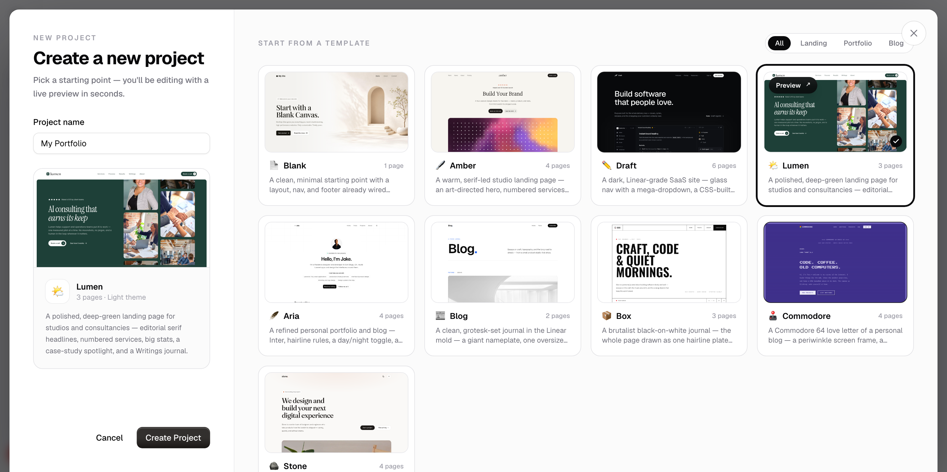 Choosing a template in the new-site modal